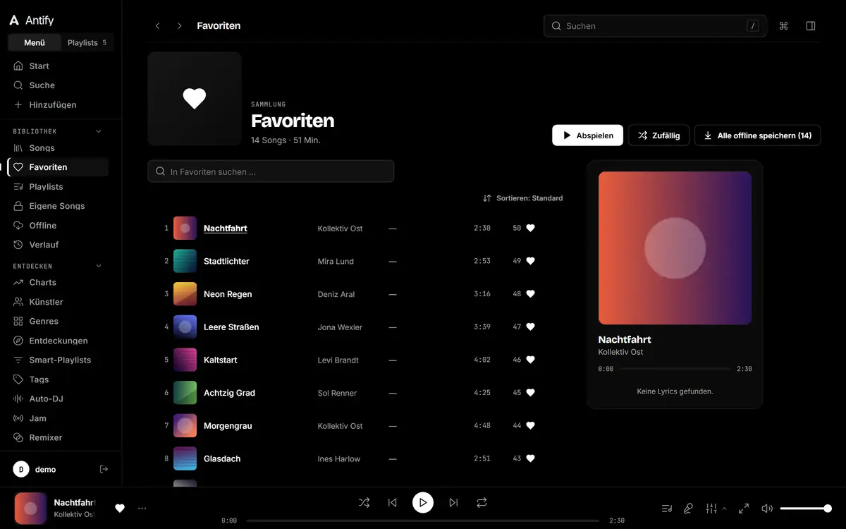 Favoriten am PC: Songliste mit Herz-Symbolen und Detailansicht des laufenden Songs