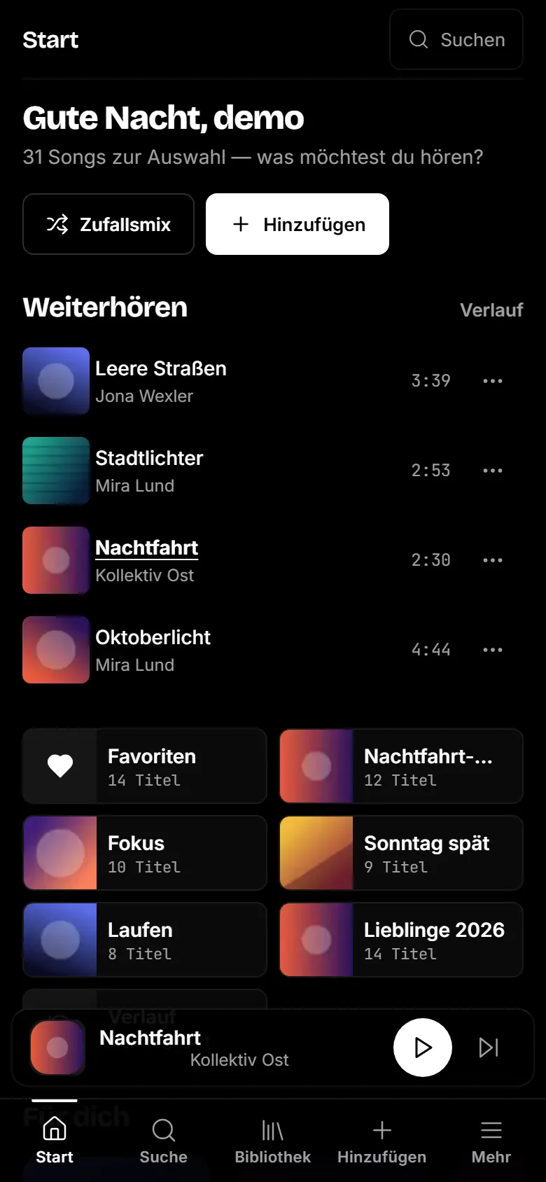 Antify auf dem Handy: Startseite mit Weiterhören, Playlists und unterer Navigation