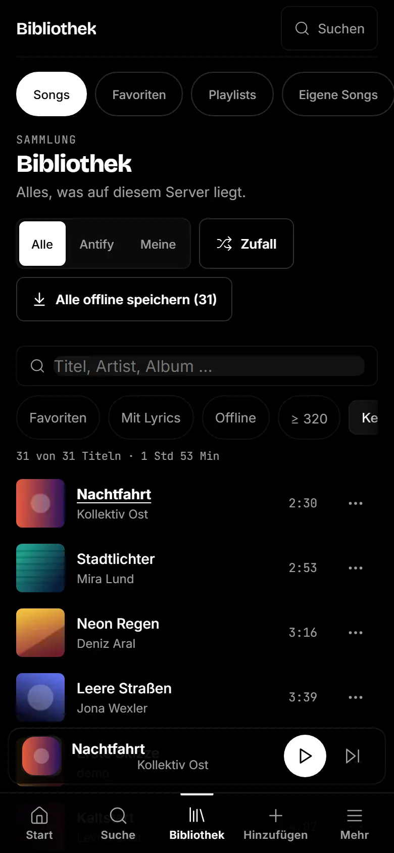 Antify auf dem Handy: Bibliothek mit Filtern und Songliste