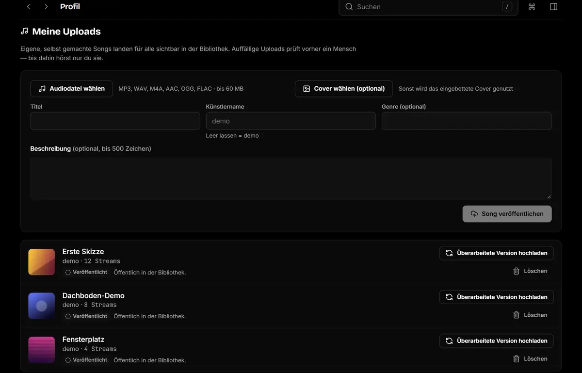 „Meine Uploads" im Antify-Profil: Upload-Formular und eigene Songs mit Status